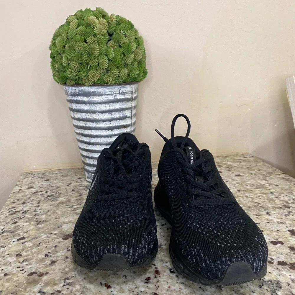 US Polo Assn Womens Black Knit Athletic Sneakers Running Shoes Logo‎ Low Top
